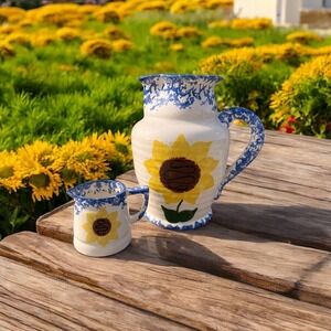 Vintage Artisan Pottery Pitcher & Creamer Handcrafted Sunflowers Bold Nostalgic